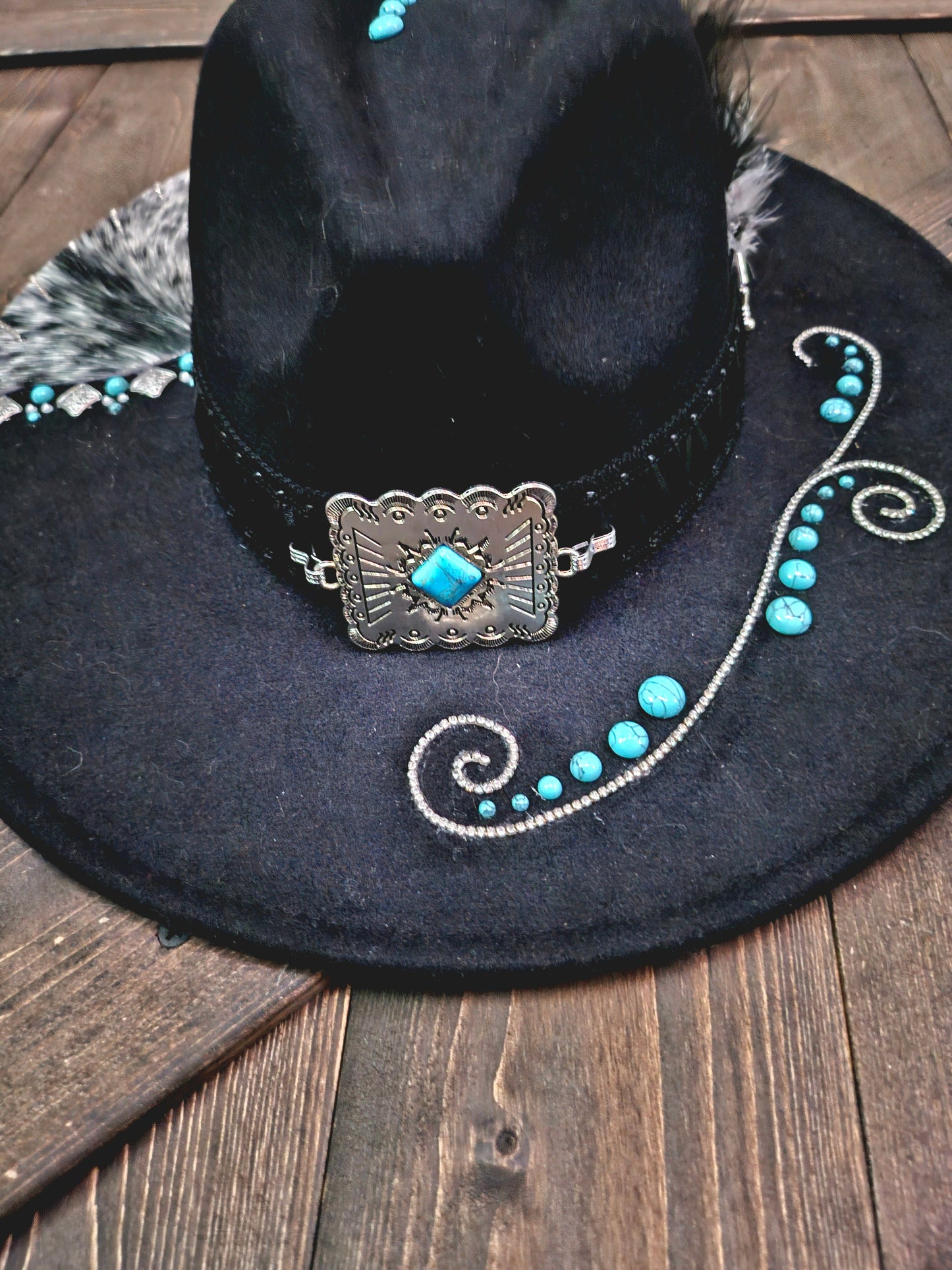 Black Western Cowhide Fedora Hat with Turquoise Accents and Rhinestones