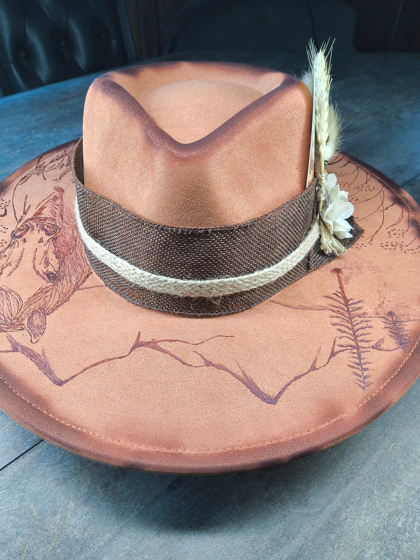 Fedora-Style Cowboy Hat WithHand Burned Horse Scene