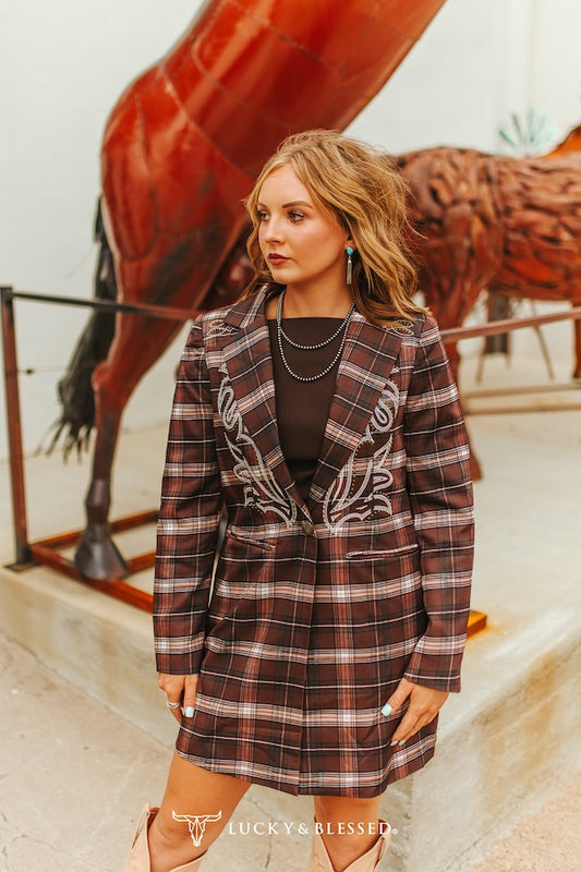 Brown Plaid Boot Stitch Embroidered Blazer Jacket