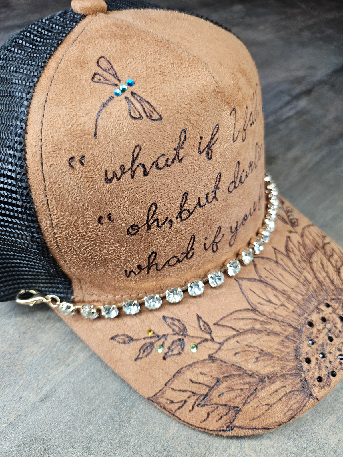 Custom Trucker Hat Hand Burned With Rhinestones