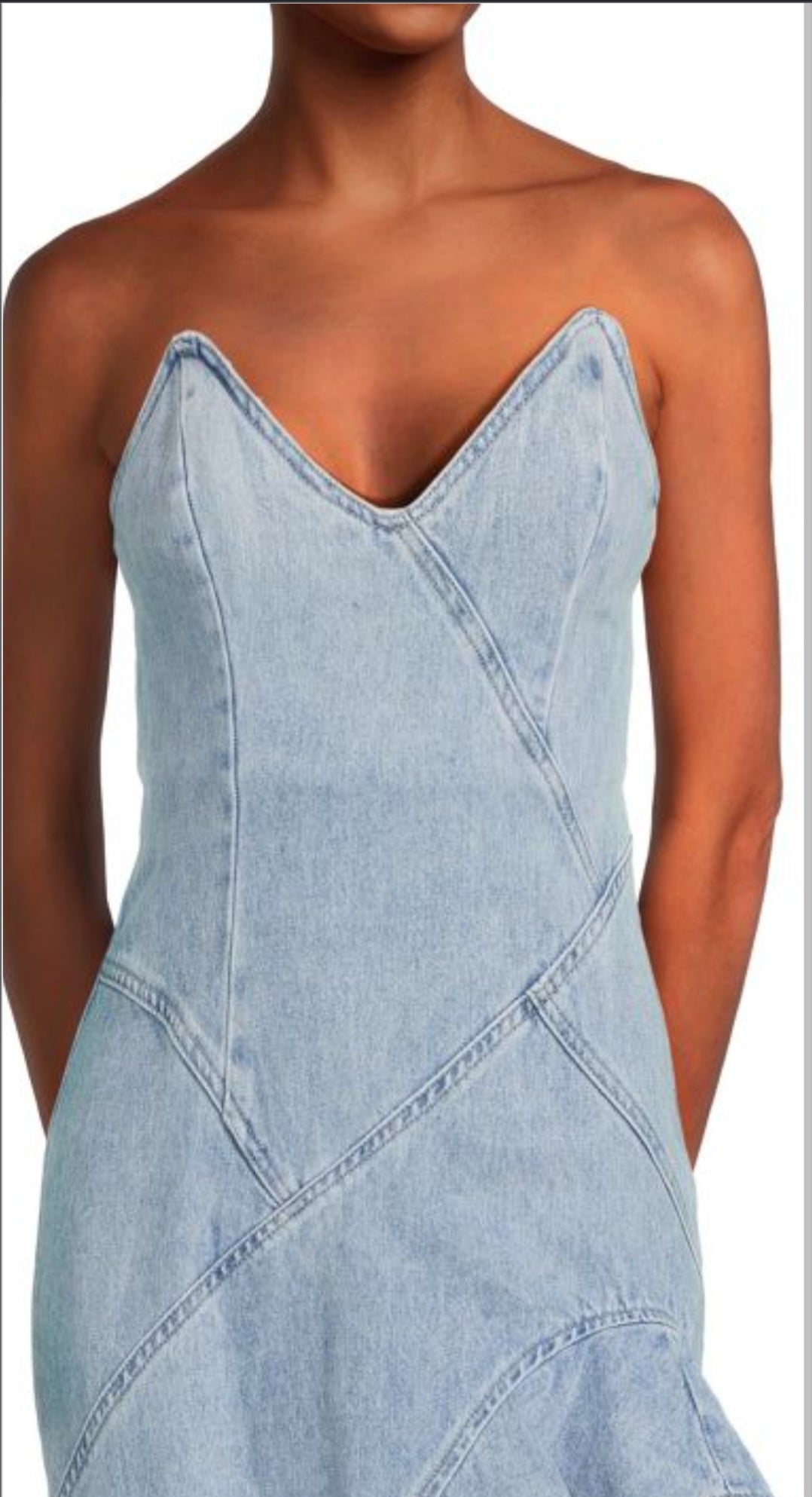 Light Wash Stretch Denim Asymmetric Ruffle Dress