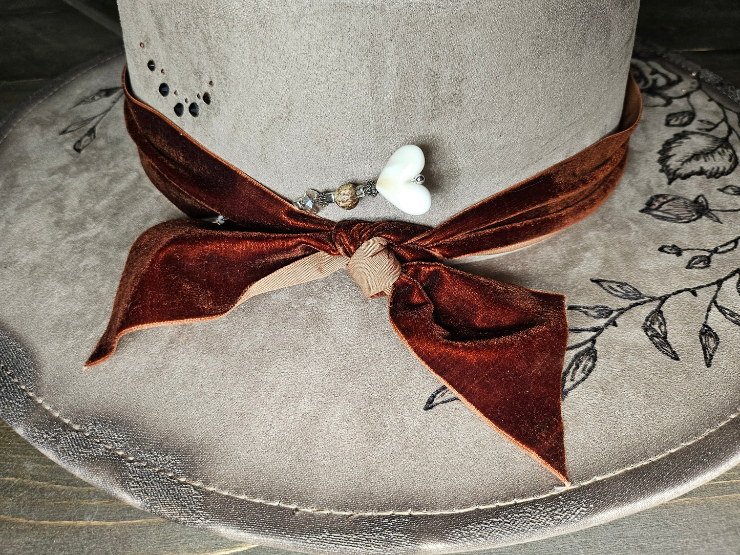 Fedora-Style Cowboy Hat With Heart Top, Hand Burned With Roses and Rhinestones