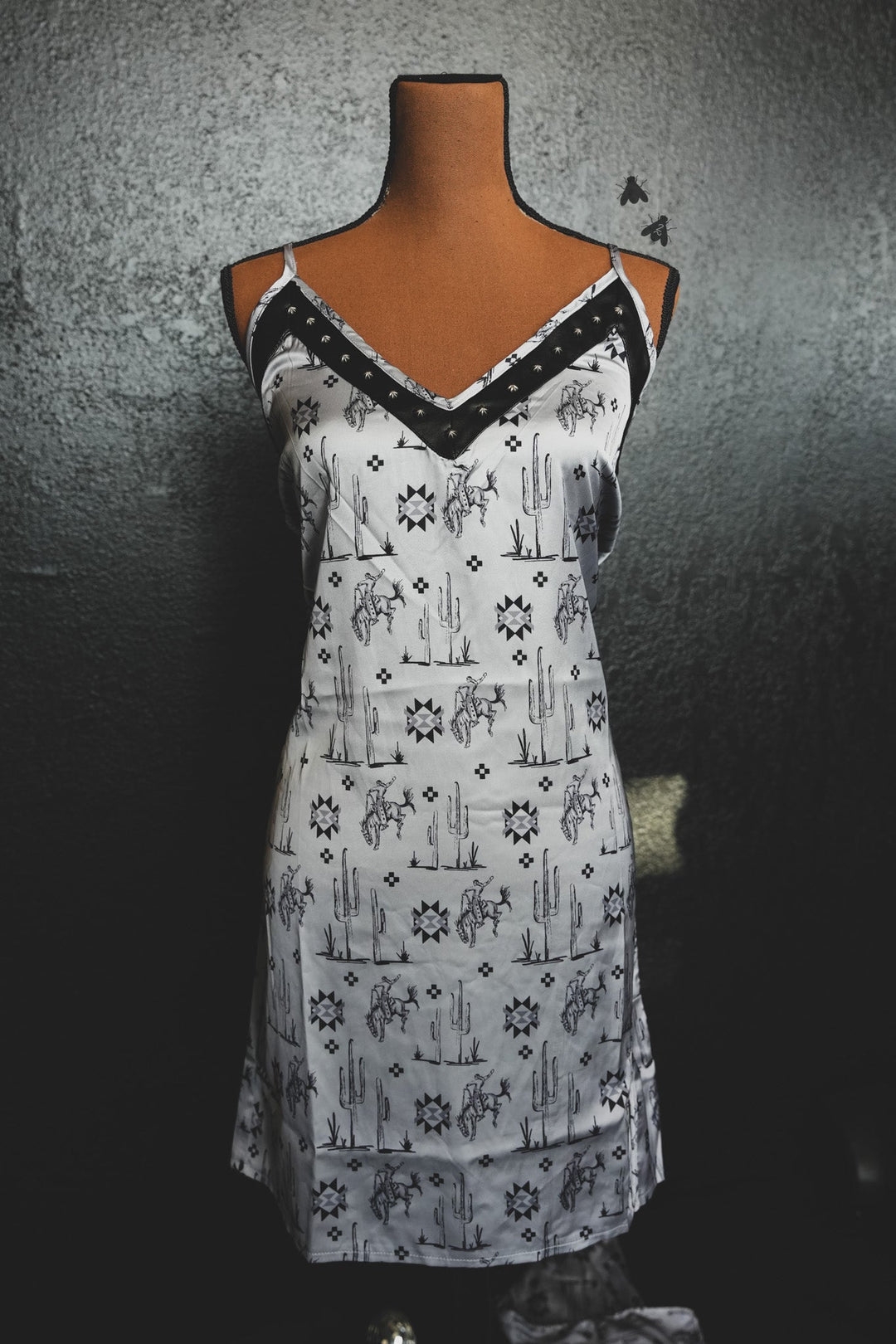 Western print slip dress with leather trim