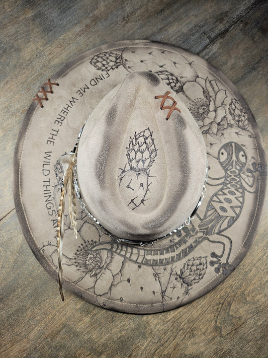 Fedora Cowboy Hat "find me where the wild things are" hand burned with cactus