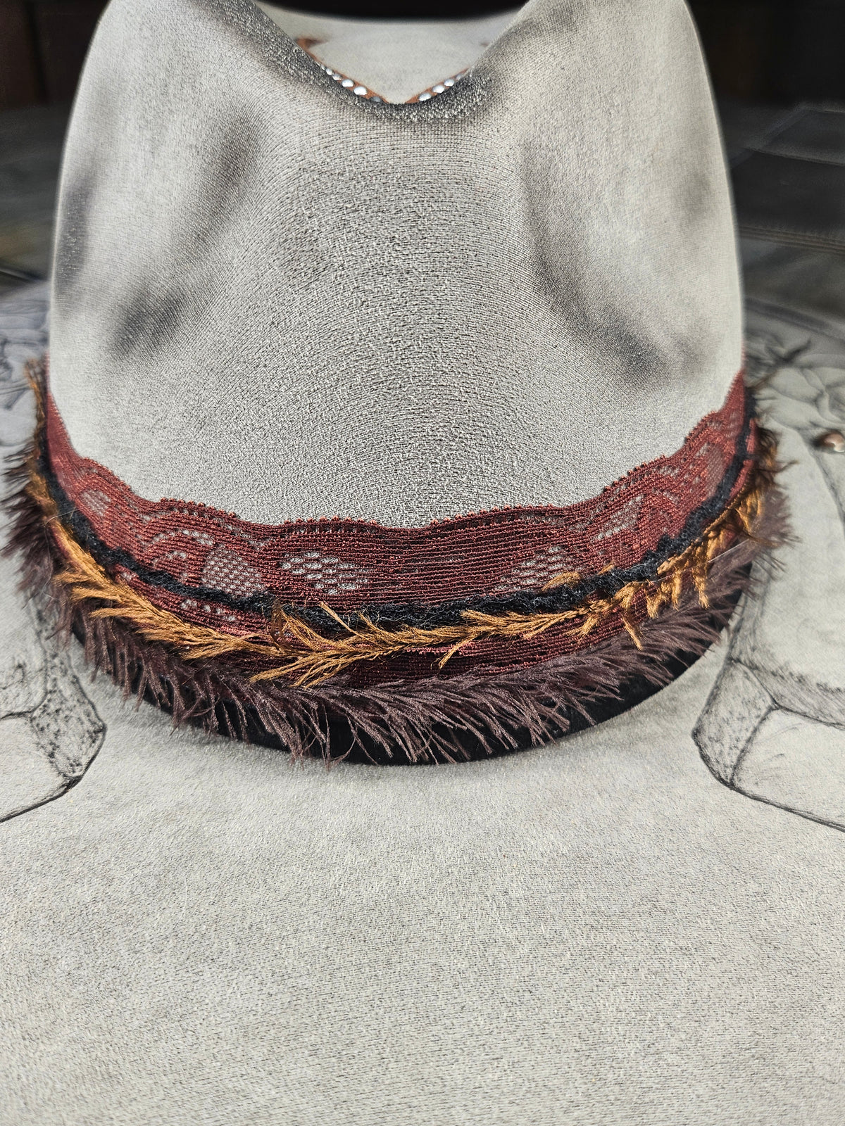 Grey Suede Hand Burned Fedora Style Cowboy Hat With Roses