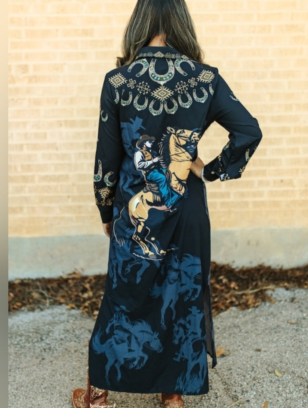Black Riding Cowboy Aztec Button Down Maxi Shirt Dress