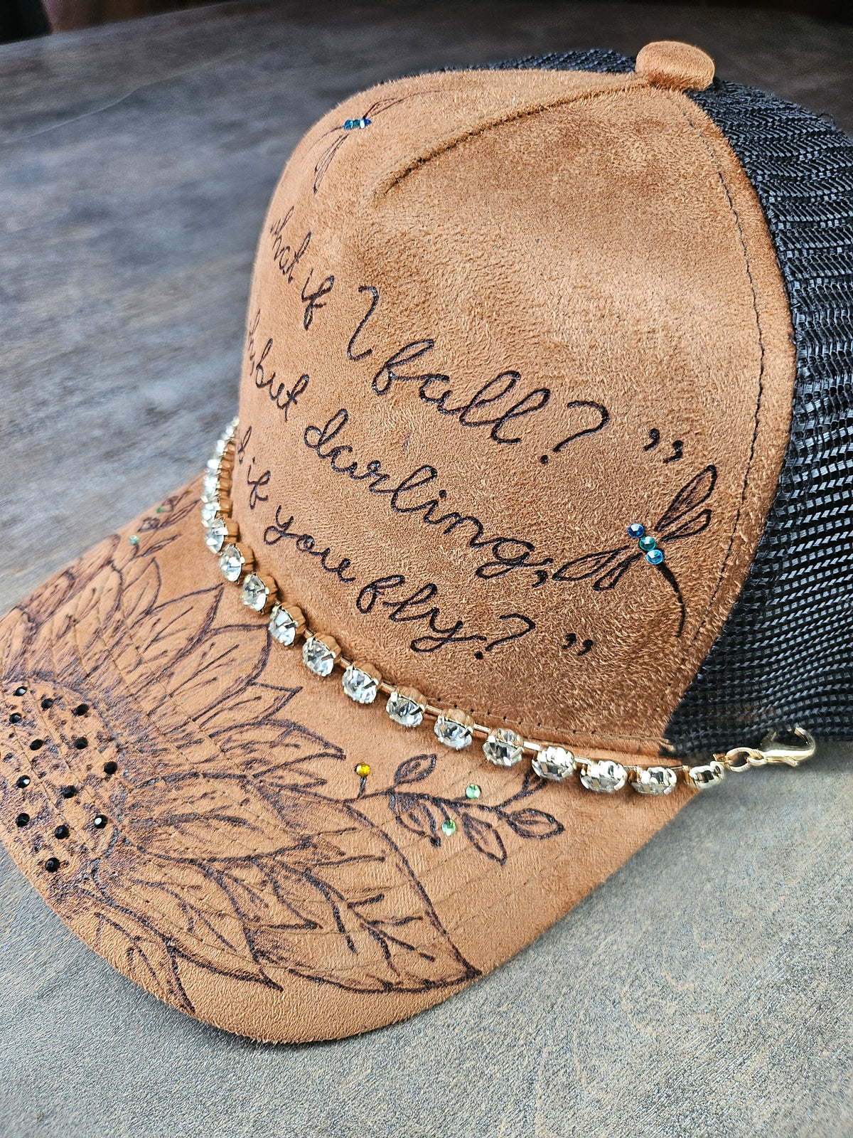 Custom Trucker Hat Hand Burned With Rhinestones