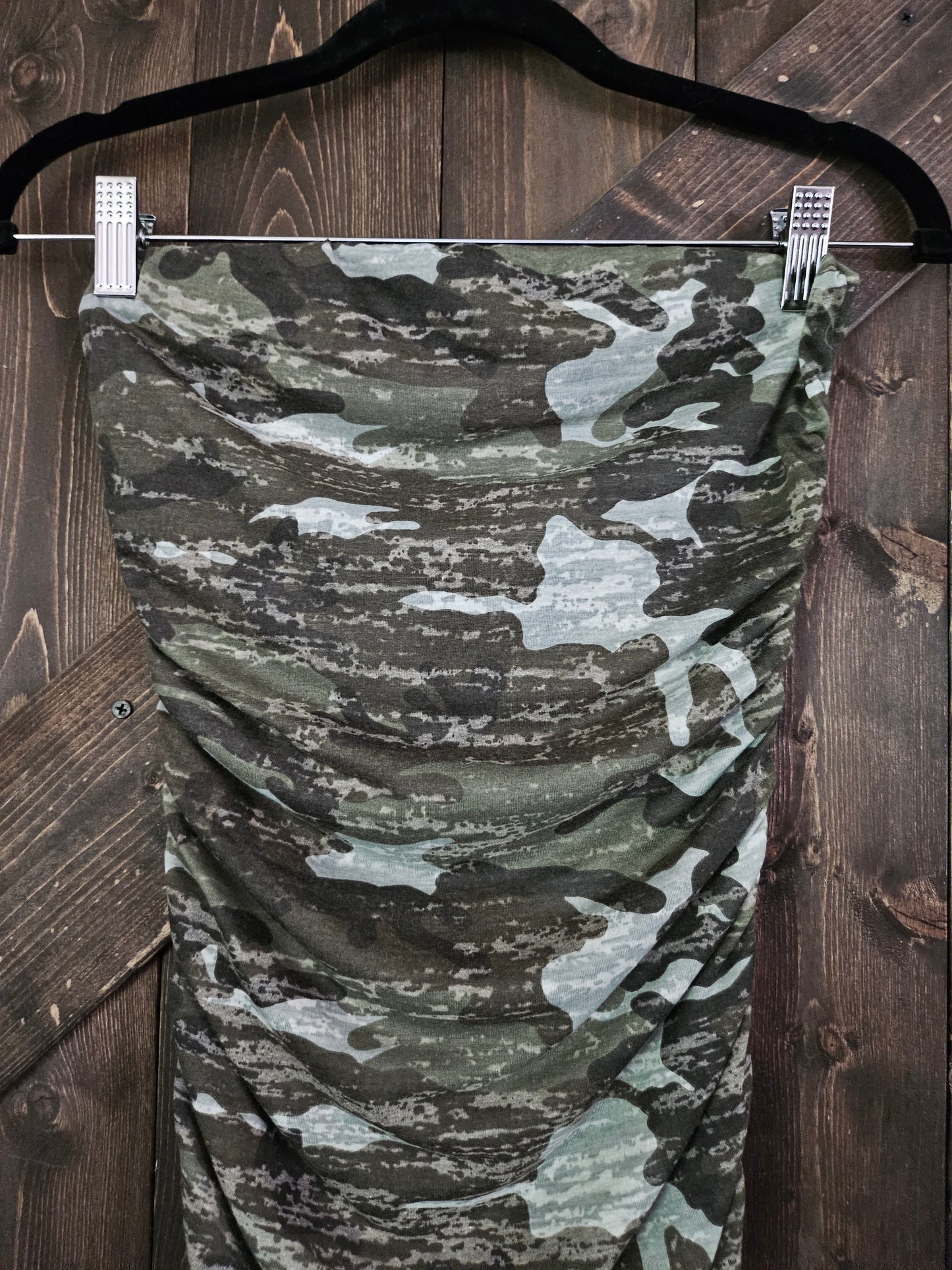 Camo Burnout Printed Ruched Strapless Maxi Dress