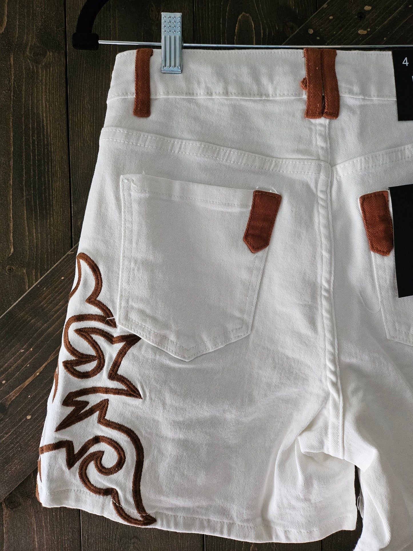 Ivory Embroidered Shorts with Brown Trim Western Pocket Boot-stitch