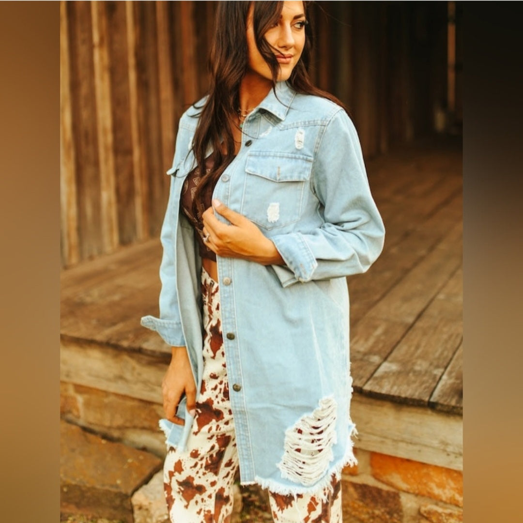 Stylish Distressed medium wash Blue Denim Jacket Top