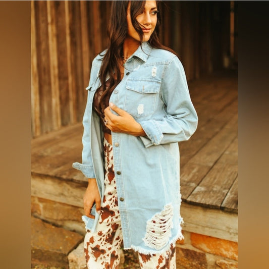 Stylish Distressed medium wash Blue Denim Jacket Top
