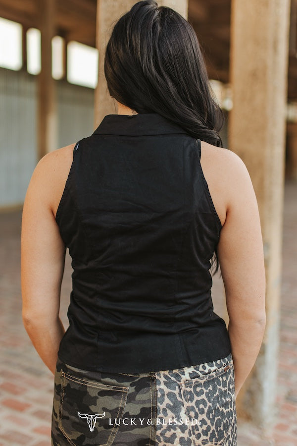 Black Sleeveless Pearl Snap Button Down Collared Concho Tip Shirt