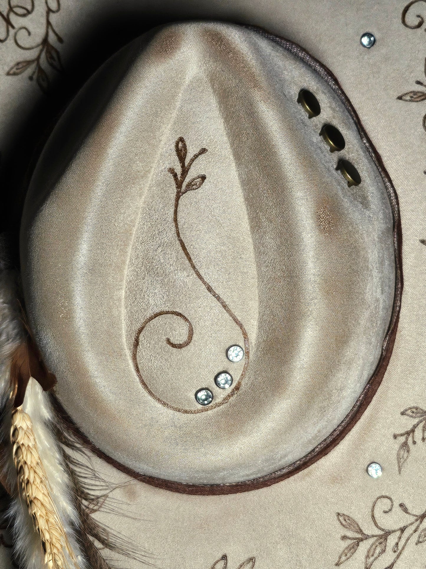 Western Fedora cowboy hat hand burned with rhinestones