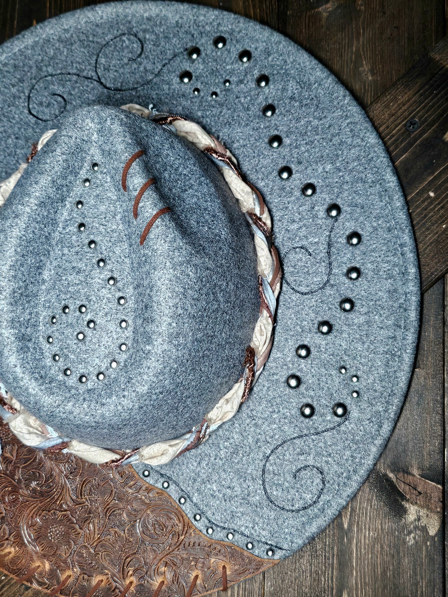 Fedora-Style Cowboy Hat Hand Burned With Embossed Leather