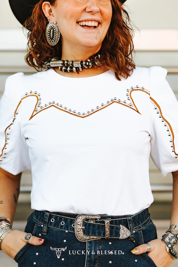 Ivory/White Camel Contrast Studded Puff Sleeve Blouse