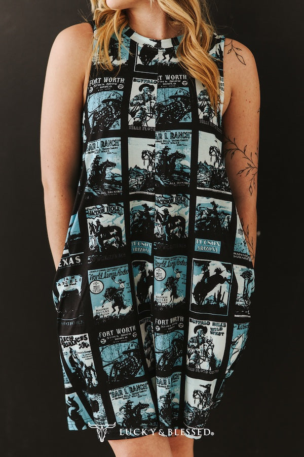 Black and Turquoise Western Print Sleeveless Dress