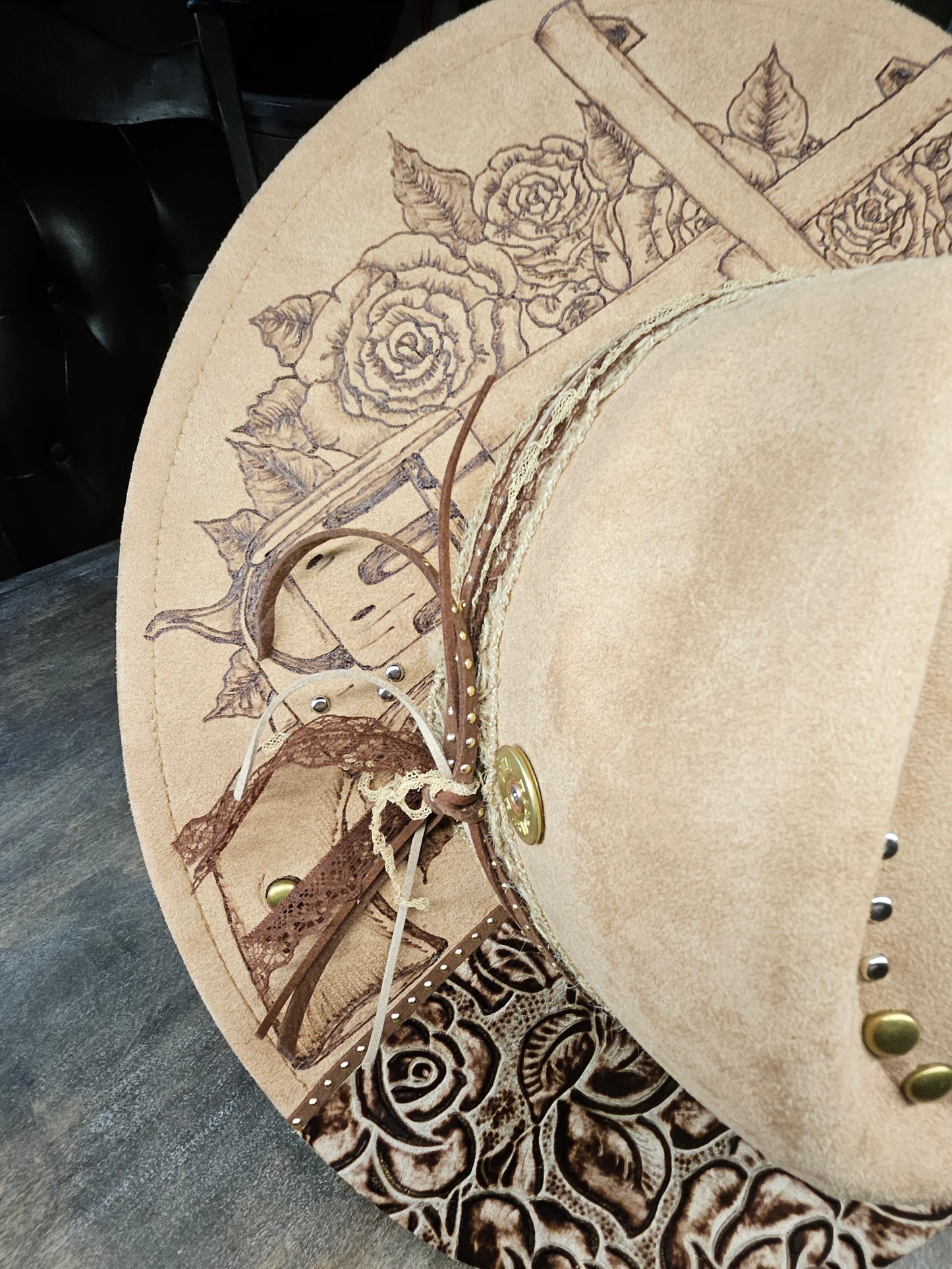 Fedora-Style Cowboy Hat Hand Burned With Guns And Roses