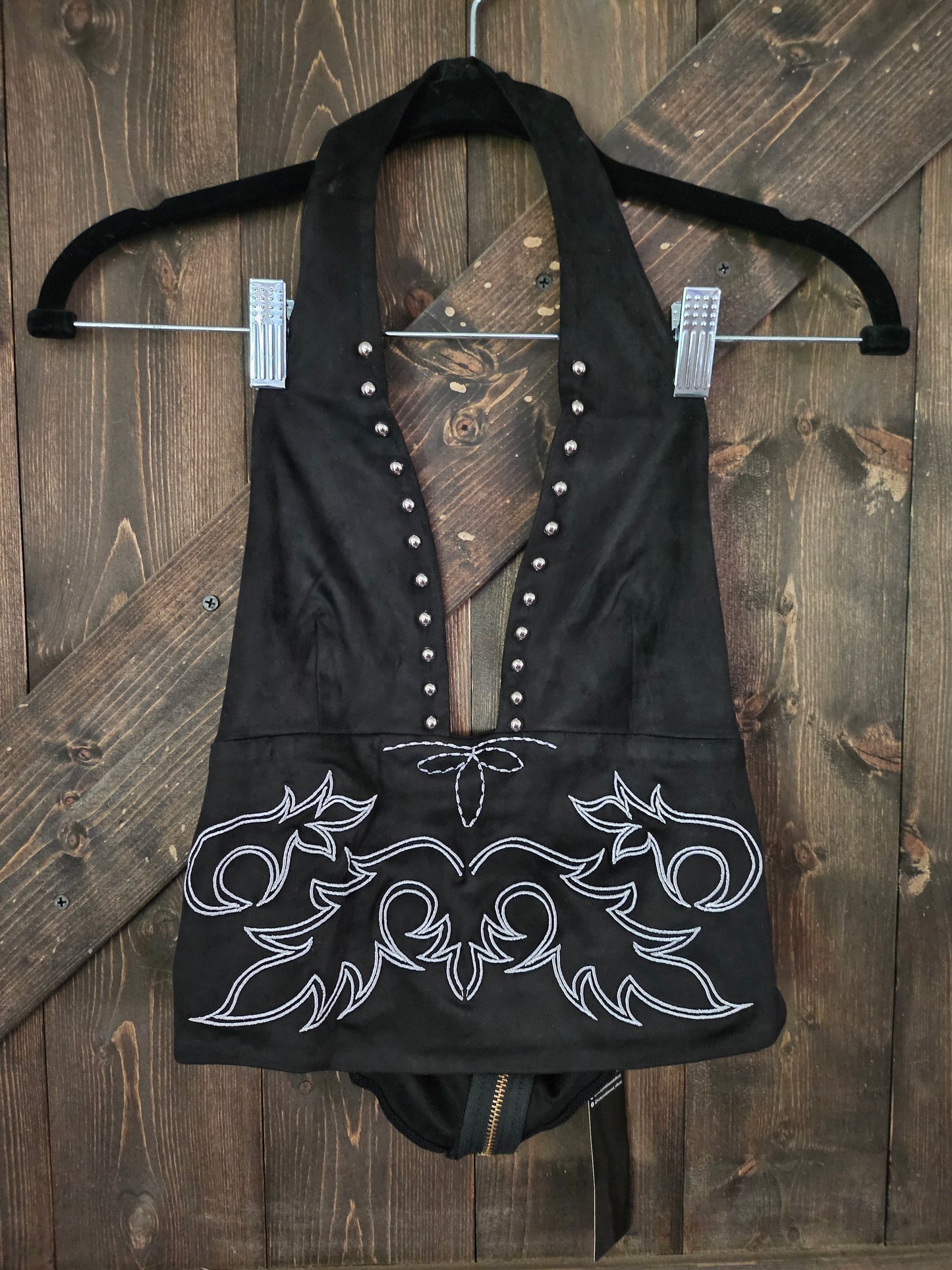 Black Embroidered Boot-stitch Halter Top
