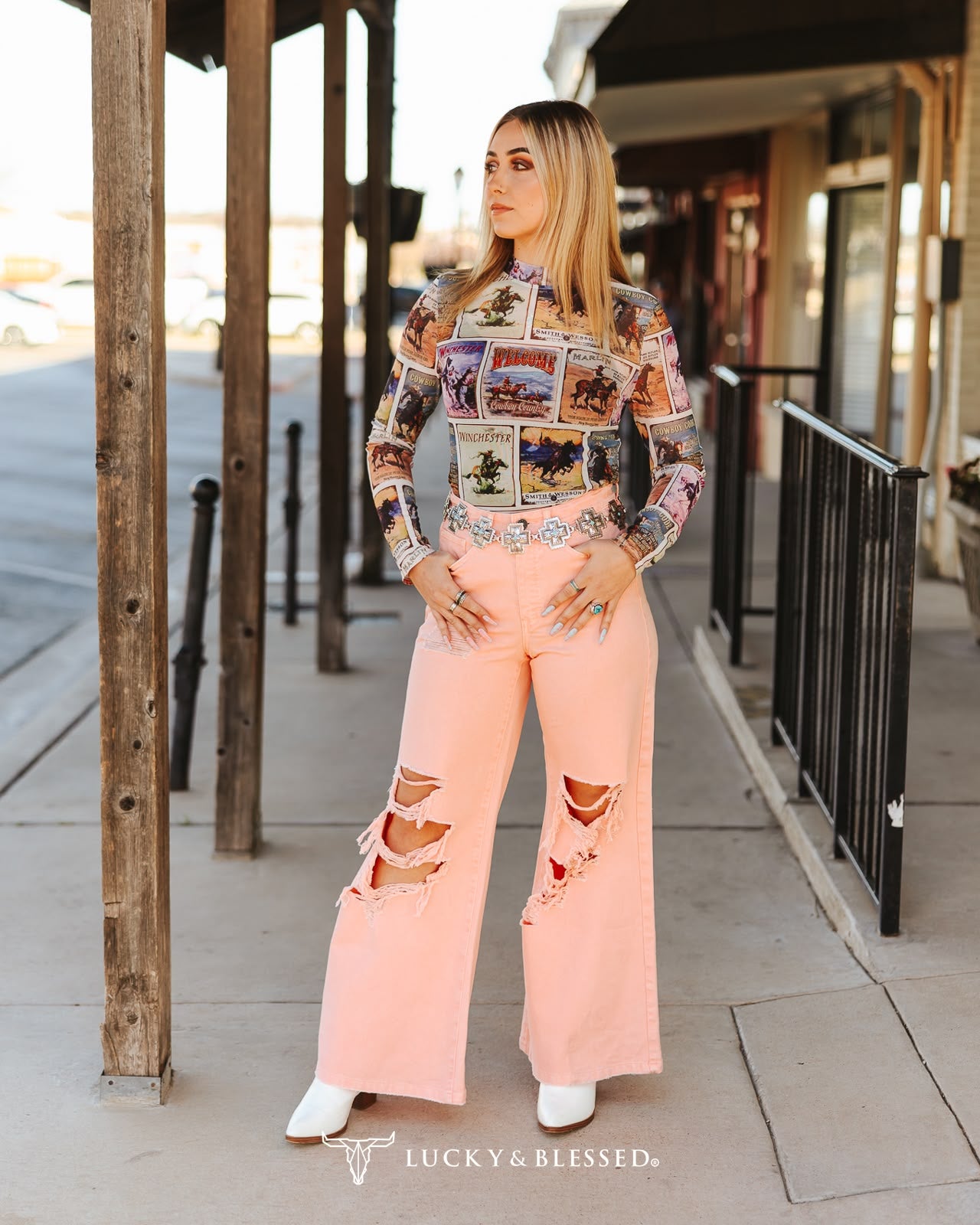 Pink Collage Printed Long Sleeve Mesh Top