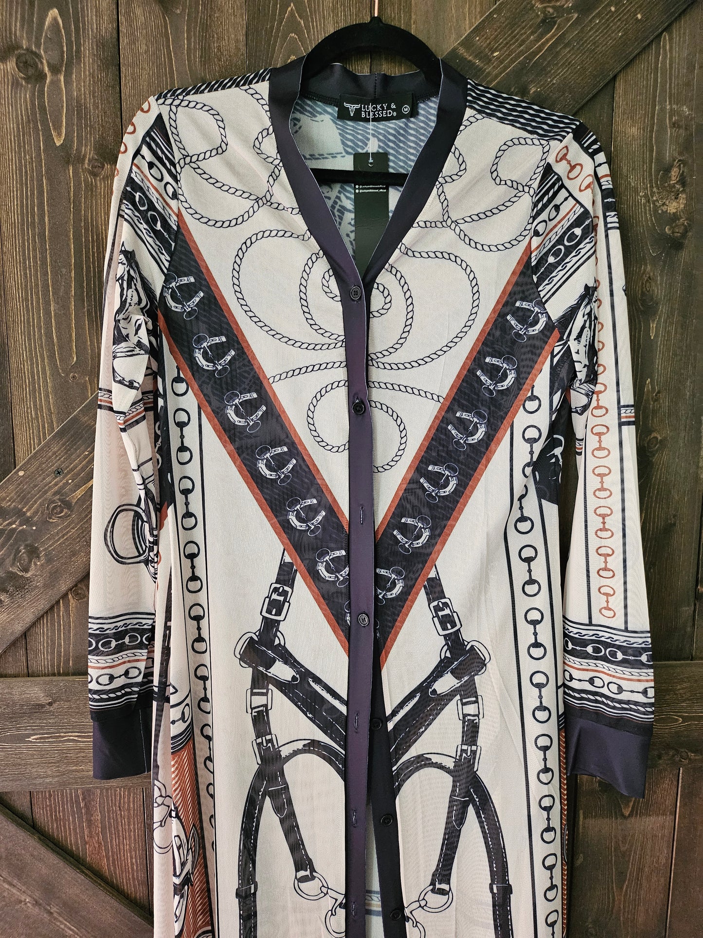 Ivory Cowboy Printed Mesh Button Down Maxi Duster Dress/Cardigan