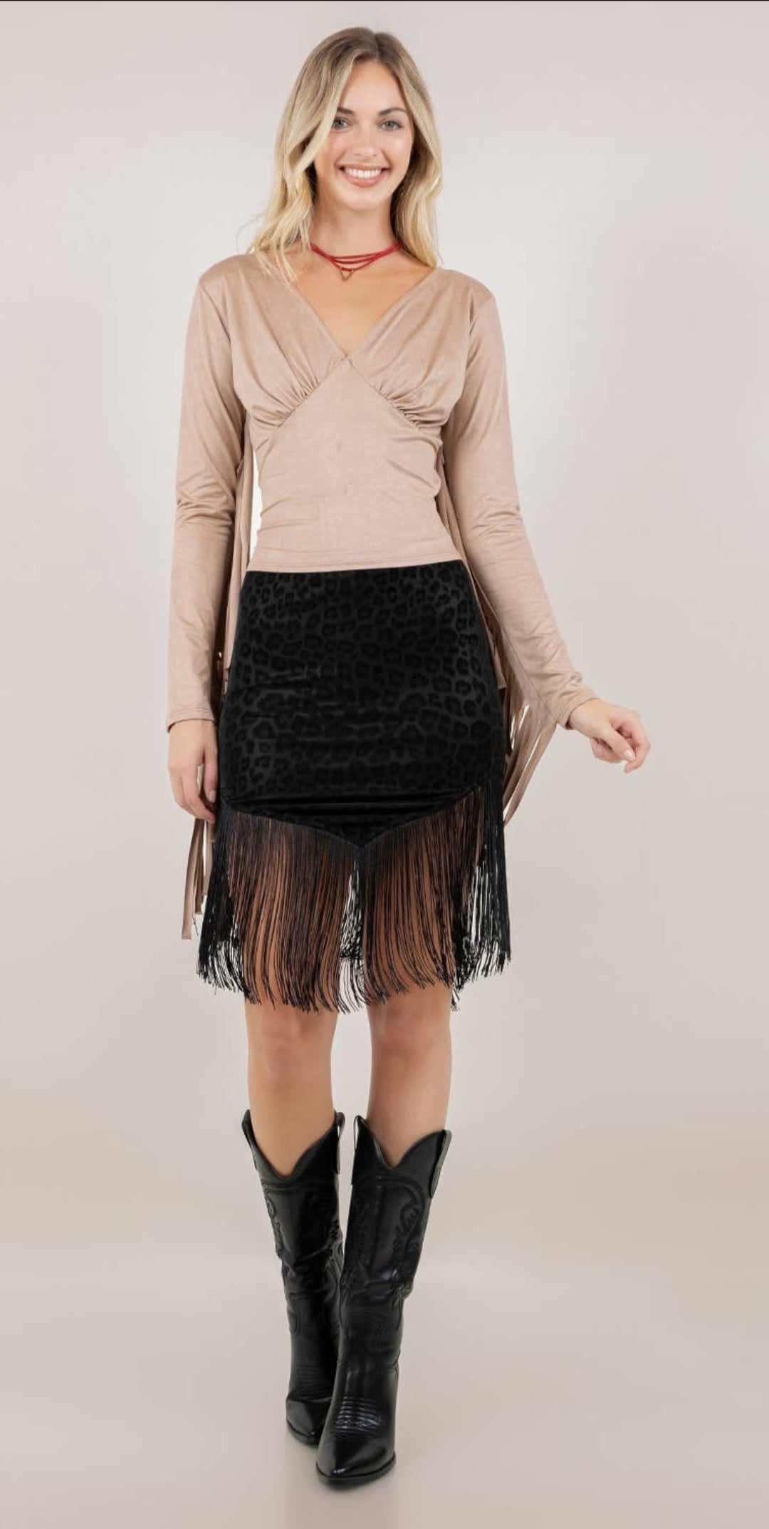 Tan Fringe Sleeve Suede Fabric Top