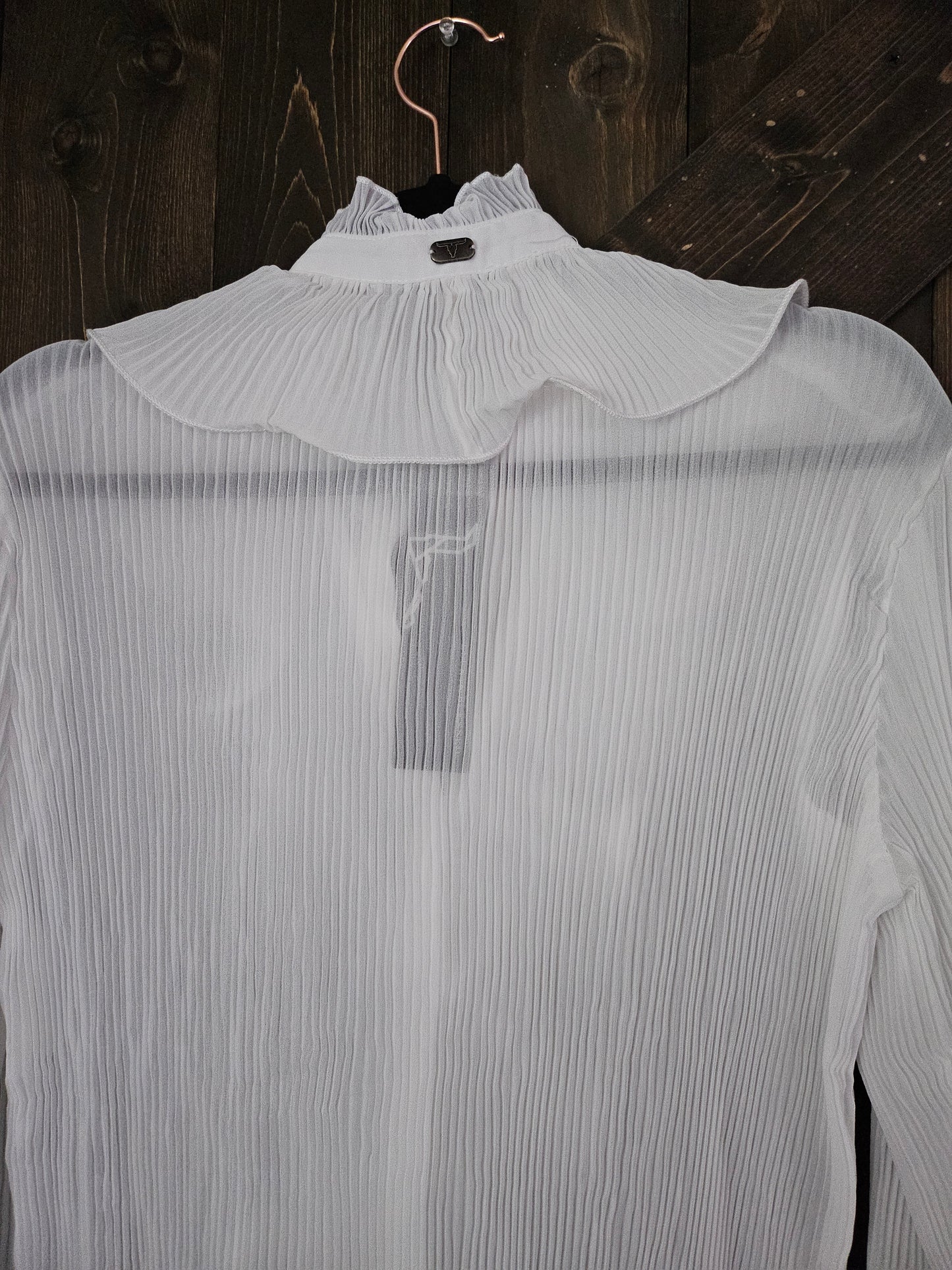 White Blouse With Sheer long Sleeve Ruffle Front