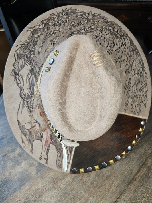 Fedora-Style Cowboy Hat Hand Burned With Horse And Weeping Willow