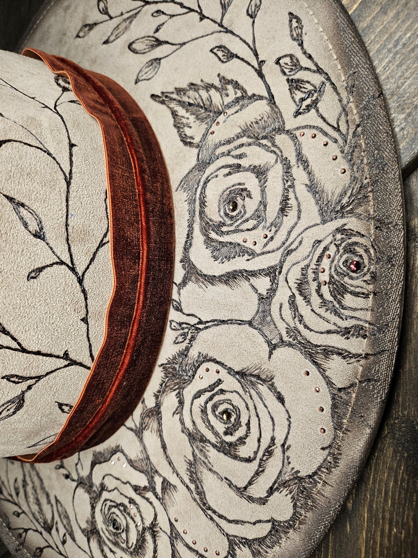 Fedora-Style Cowboy Hat With Heart Top, Hand Burned With Roses and Rhinestones