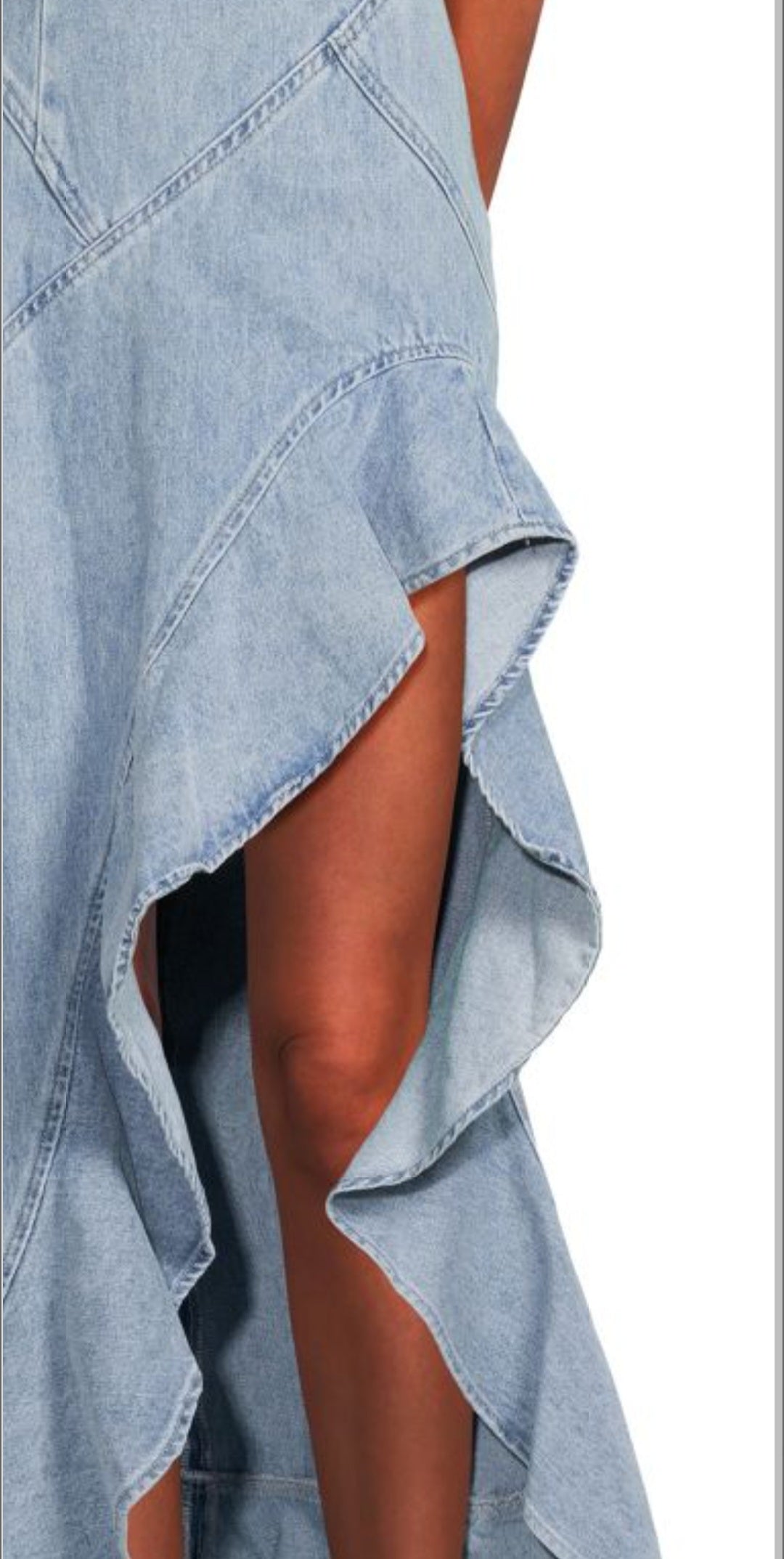Light Wash Stretch Denim Asymmetric Ruffle Dress