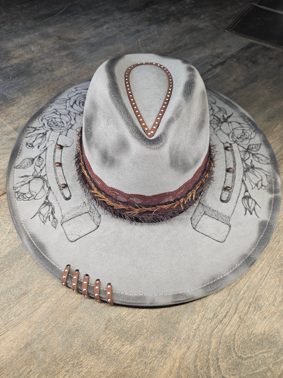 Grey Suede Hand Burned Fedora Style Cowboy Hat With Roses