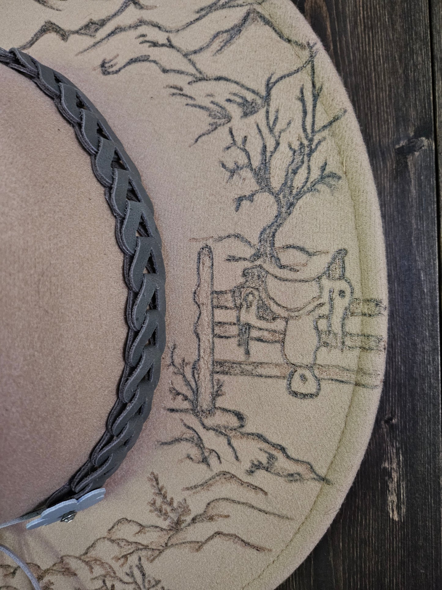 "Wild Horses" burned Fedora cowboy hat.