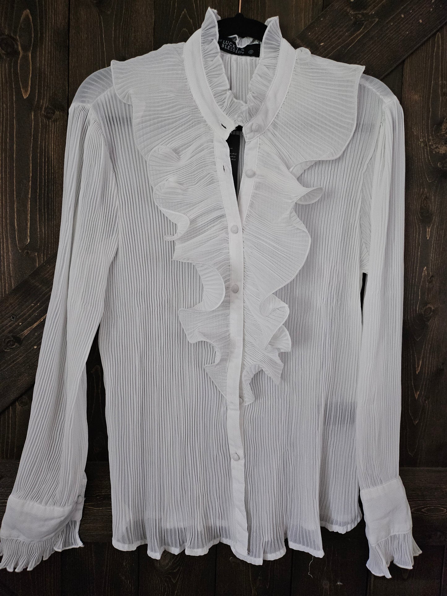 White Blouse With Sheer long Sleeve Ruffle Front