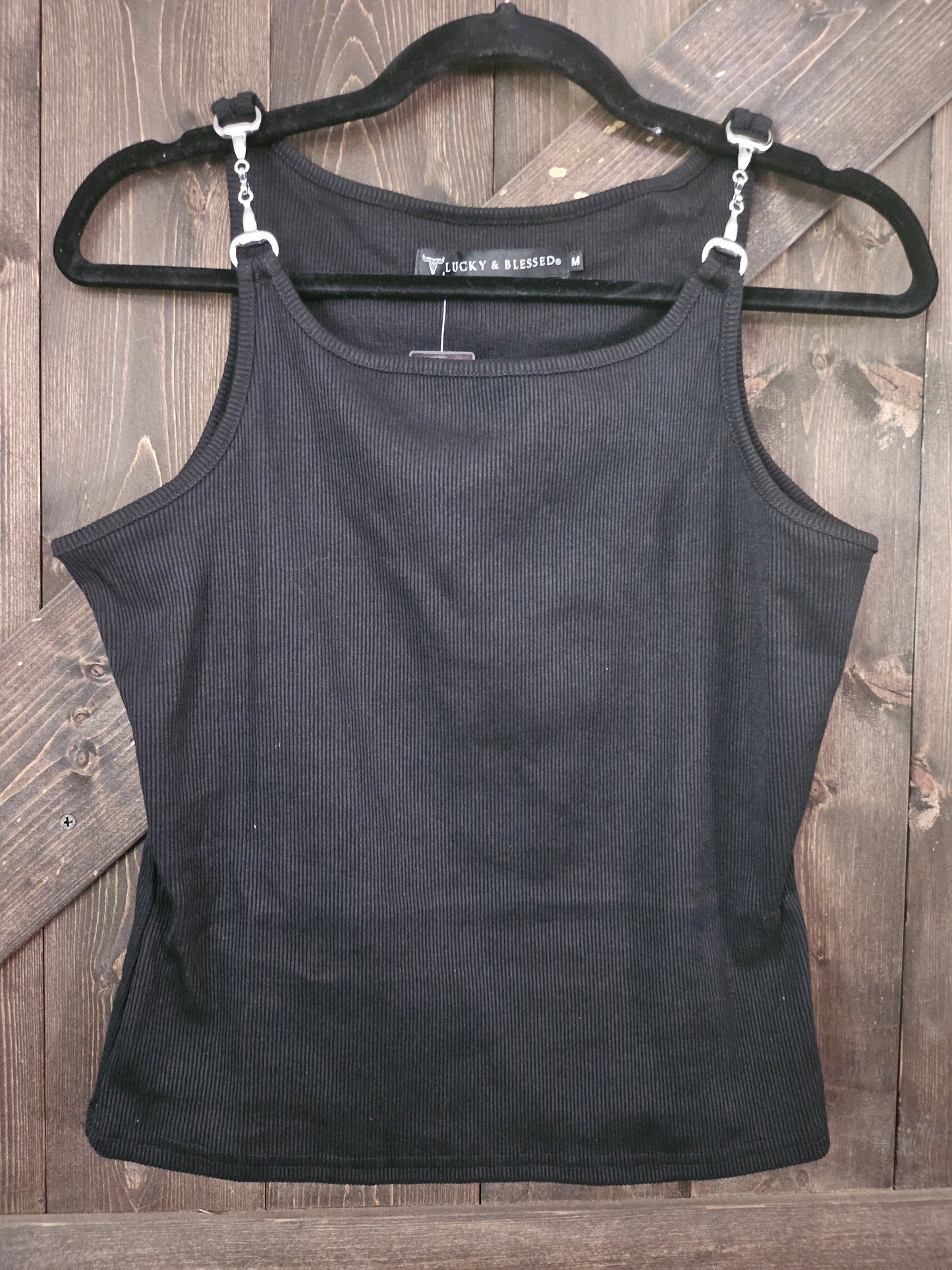 Black Ribbed Horse Bit Strap Sleeveless Tank Top