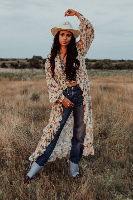 Floral Cowboy Ruffle Kimono Duster