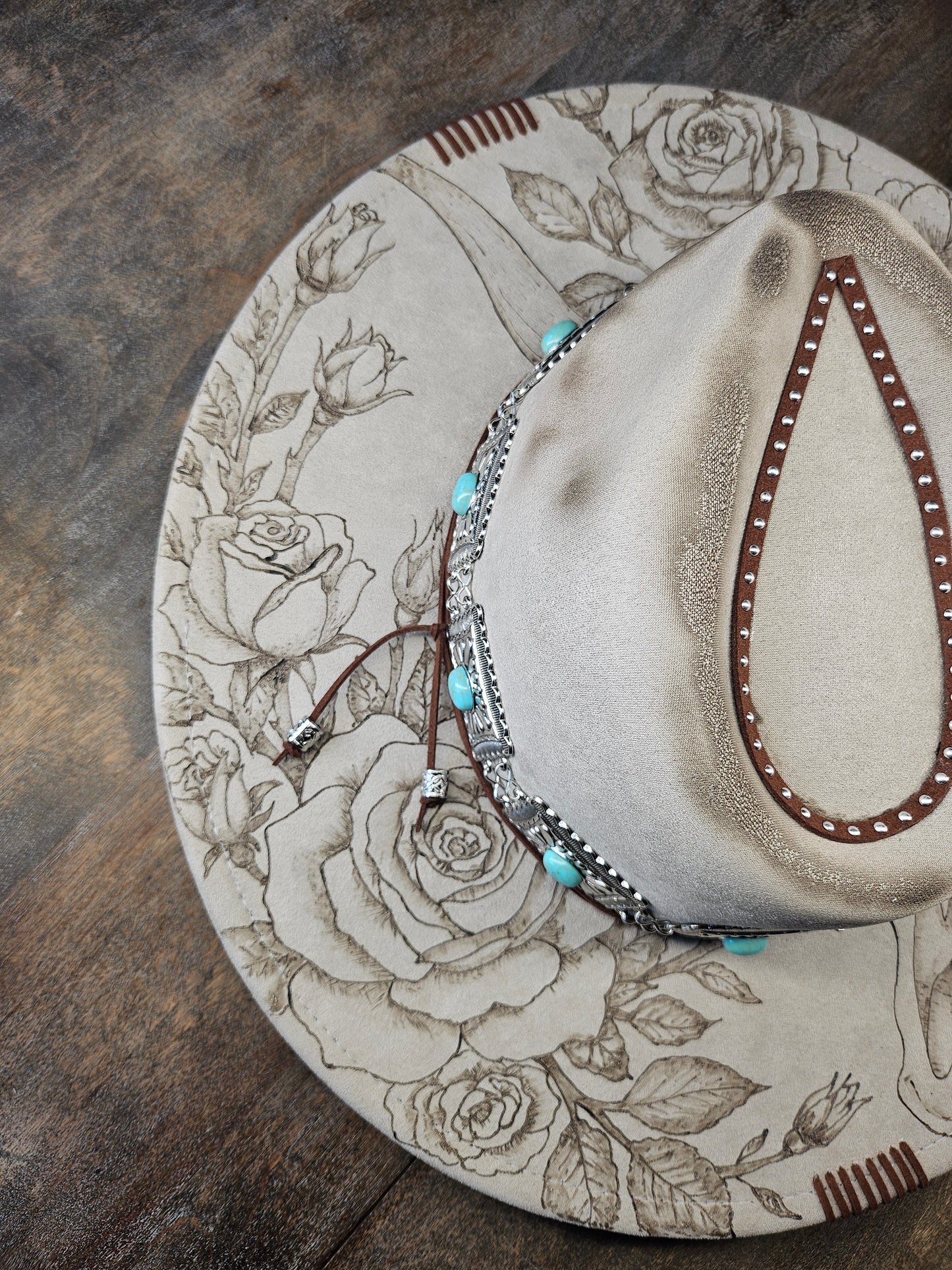 Fedora-Style Cowboy Hat Hand Burned with Roses and Cow Skull