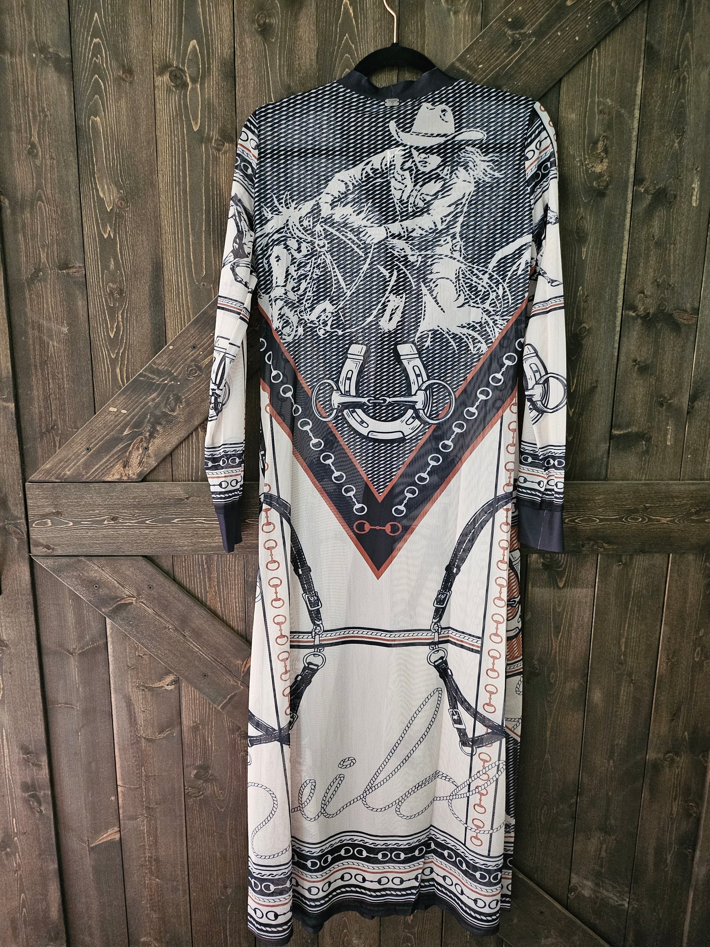 Ivory Cowboy Printed Mesh Button Down Maxi Duster Dress/Cardigan