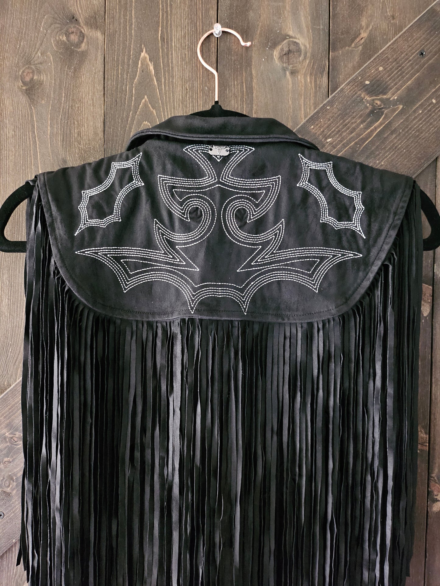 Western Fringe Black Cape With Embroidered Boot-stitched
