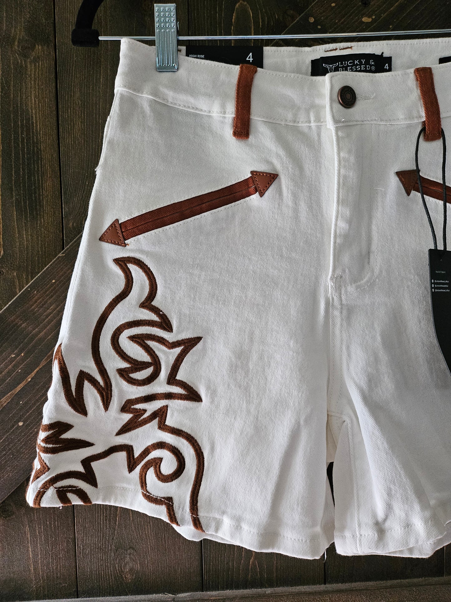 Ivory Embroidered Shorts with Brown Trim Western Pocket Boot-stitch
