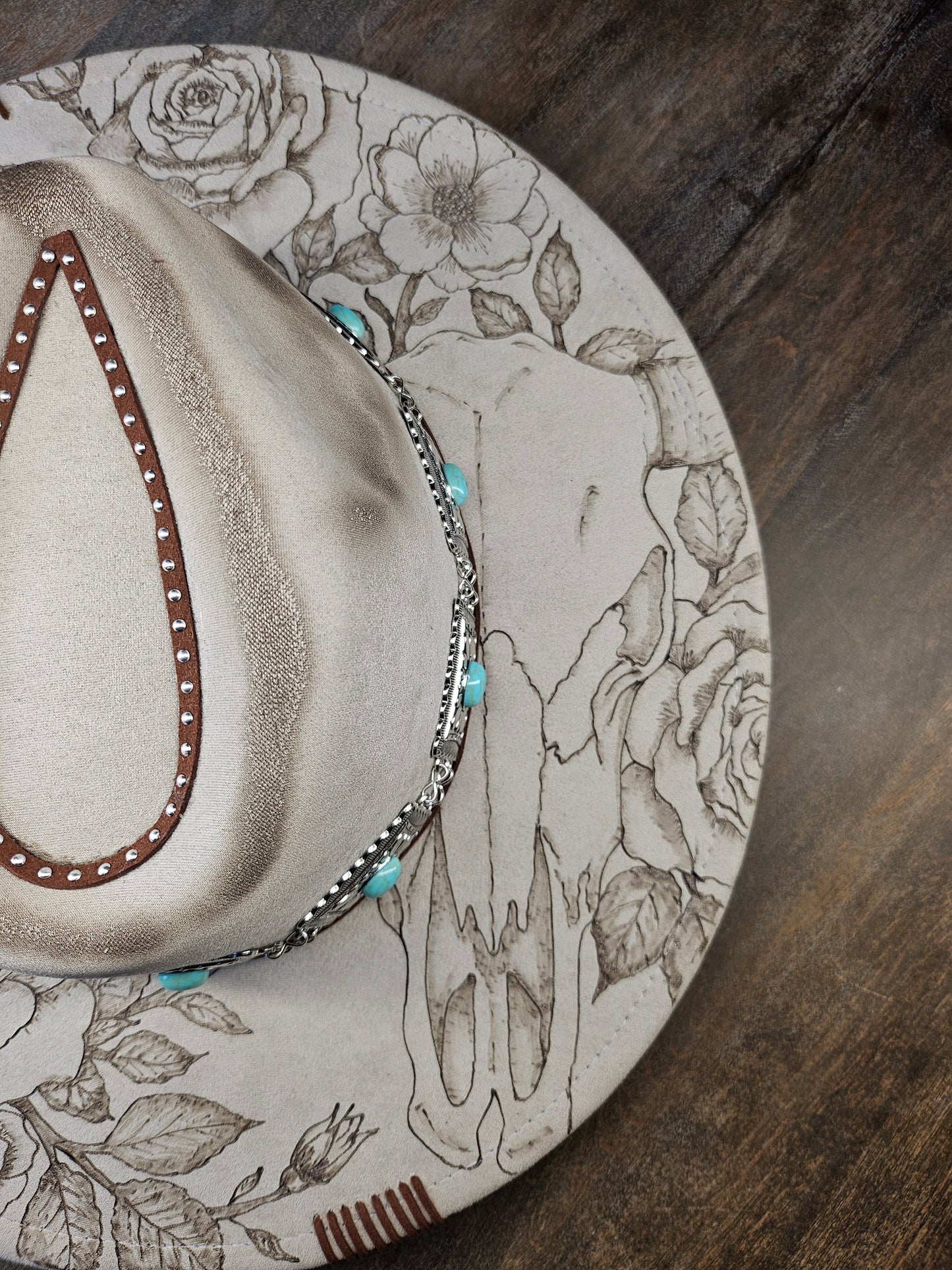 Fedora-Style Cowboy Hat Hand Burned with Roses and Cow Skull