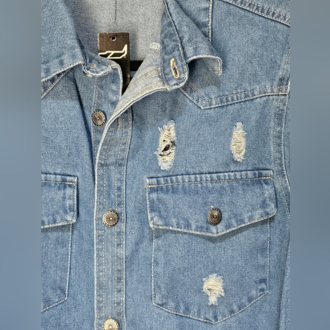 Stylish Distressed medium wash Blue Denim Jacket Top