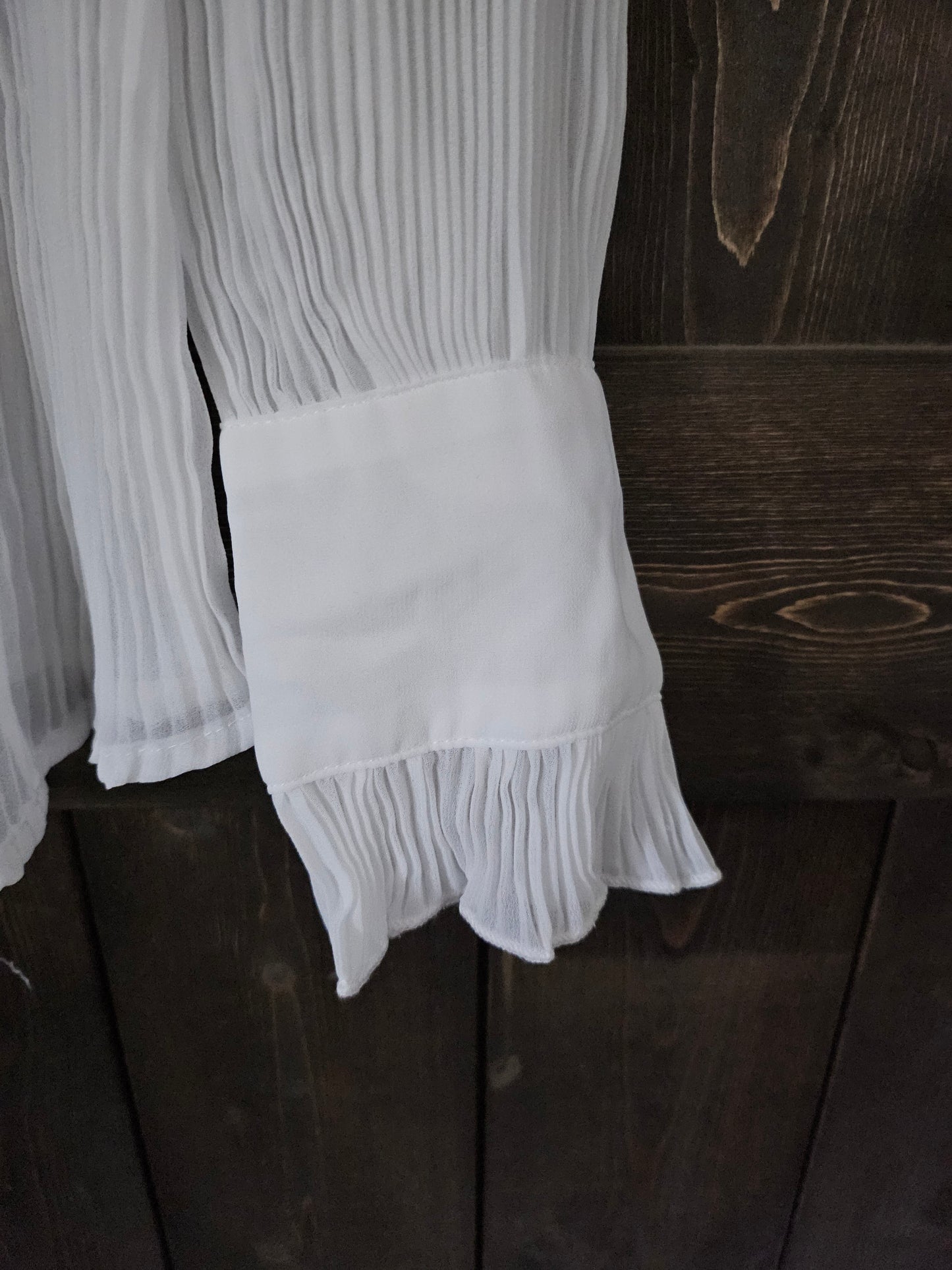 White Blouse With Sheer long Sleeve Ruffle Front