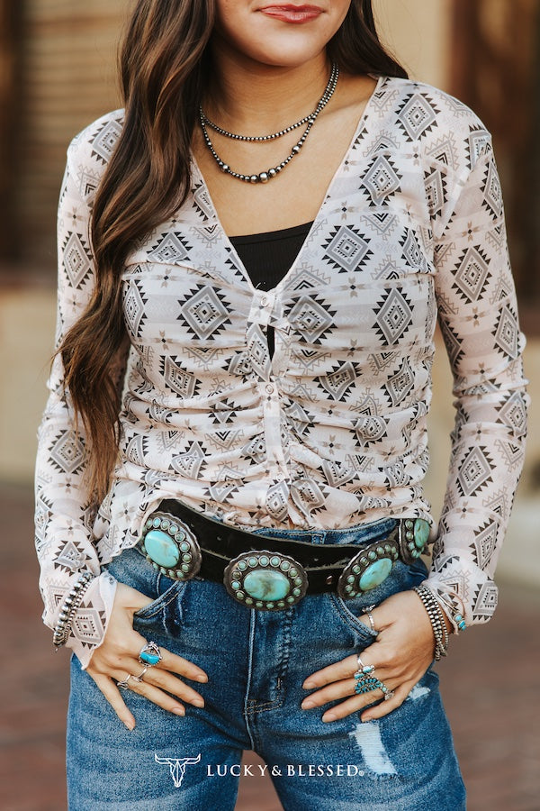 Ivory Aztec Mesh Long Sleeve Button Down Top.