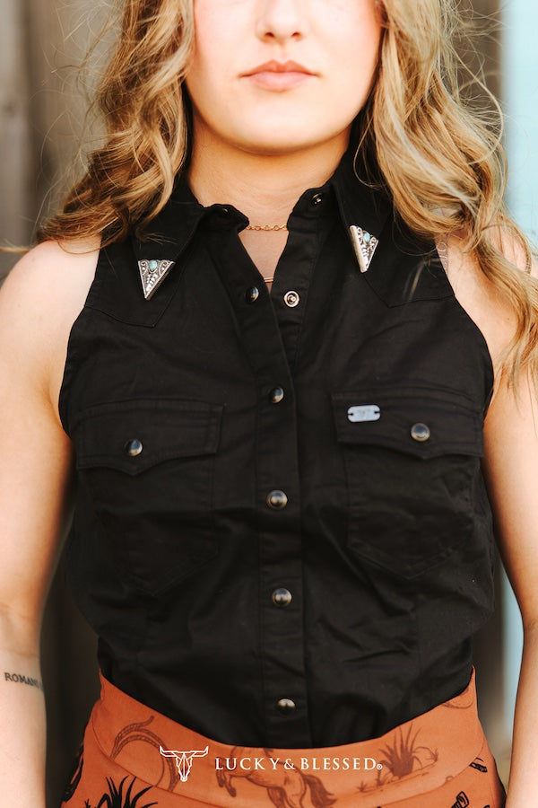 Black Sleeveless Pearl Snap Button Down Collared Concho Tip Shirt